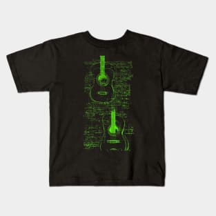 Neon Green Acoustic Guitar Da Vinci blueprint Kids T-Shirt